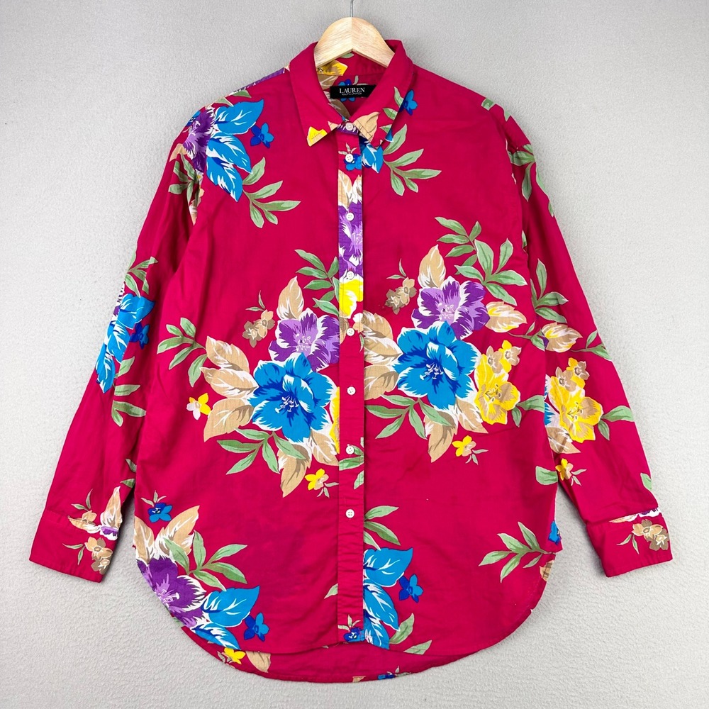 Lauren Ralph Lauren Floral Button Up Women Large Pink Tropical Long Sleeve Shirt